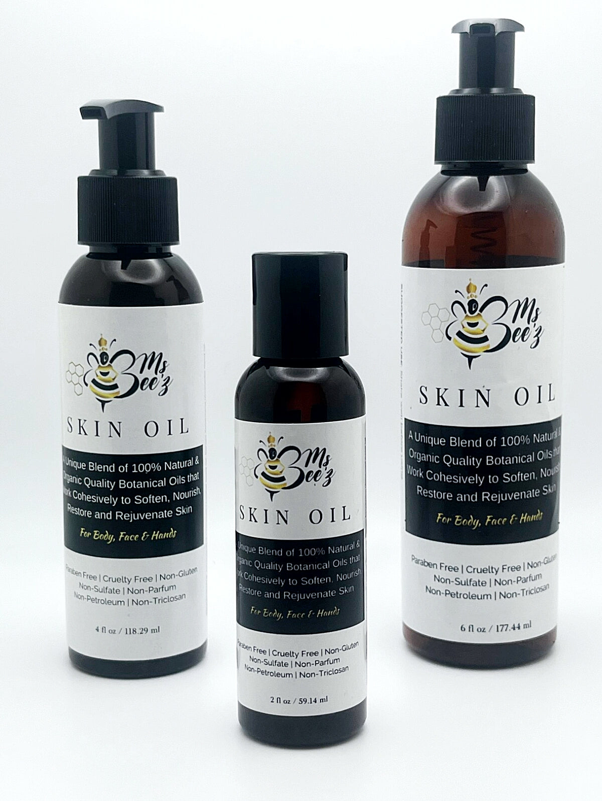 Ms Beez Beauty all natural skin oil in 2 oz, 4 oz and 6 oz sizes