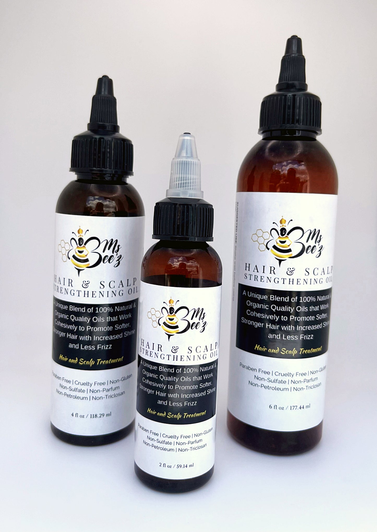 Ms bee'z beauty hair and scalp strengthening oil in 2 oz, 4 oz, and 6 oz.